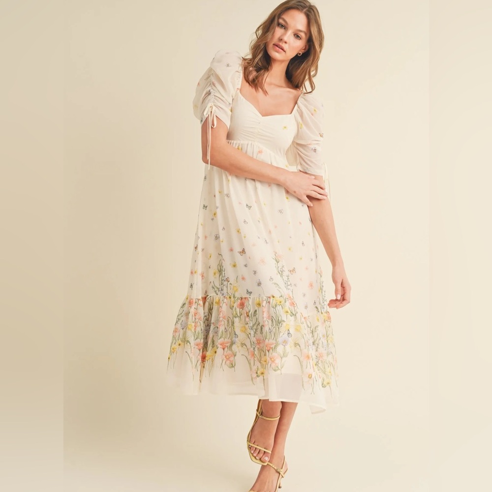 Ruched Sleeve Floral Midi Dress